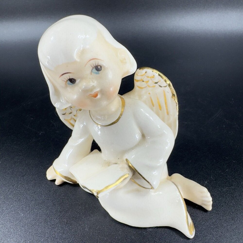 Vintage L&M Porcelain Holiday Angel Figurine Angel Reading A Book Gold White VTG